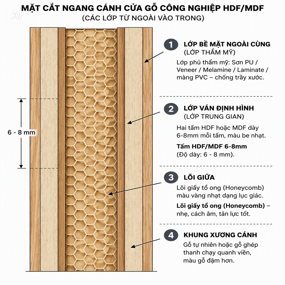 mặt cắt cửa gỗ công nghiệp MDF/HDF