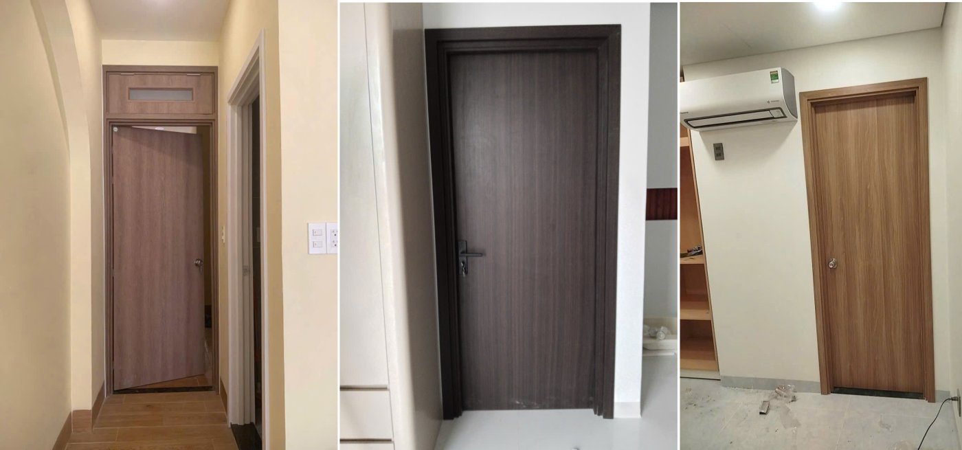 Toàn cảnh cửa nhựa Composite vân gỗ sang trọng được lắp đặt thực tế tại phòng ngủ căn hộ